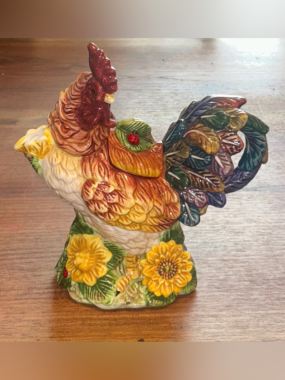 Ceramic Rooster chicken Pitcher Nestled in Sunflowers Ladybugs Colorful 10.5"